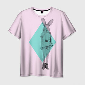 Мужская футболка 3D с принтом Pink Rabbit в Новосибирске, 100% полиэфир | прямой крой, круглый вырез горловины, длина до линии бедер | Тематика изображения на принте: hipster | rabbit | swag | кролик | хипстер