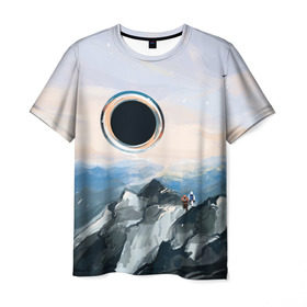 Мужская футболка 3D с принтом Черная дыра в Новосибирске, 100% полиэфир | прямой крой, круглый вырез горловины, длина до линии бедер | Тематика изображения на принте: горы | закат | пейзаж | природа