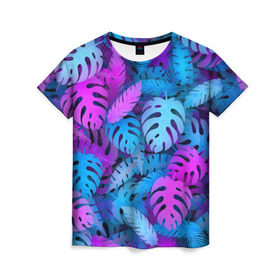 Женская футболка 3D с принтом Сине-розовые тропики в Новосибирске, 100% полиэфир ( синтетическое хлопкоподобное полотно) | прямой крой, круглый вырез горловины, длина до линии бедер | джунгли | листья | монстера | пальма | психоделический | текстура | тропики
