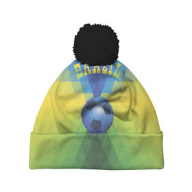 Шапка 3D c помпоном с принтом Бразилия в Новосибирске, 100% полиэстер | универсальный размер, печать по всей поверхности изделия | бразилия | геометрия | игра | кубок | мяч | полигональный | спорт | футбол