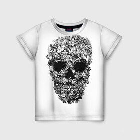 Детская футболка 3D с принтом Череп в Новосибирске, 100% гипоаллергенный полиэфир | прямой крой, круглый вырез горловины, длина до линии бедер, чуть спущенное плечо, ткань немного тянется | скелет. скилет | ужас | хеллоуин | череп. кости | черепушка | черно белый
