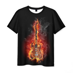 Мужская футболка 3D с принтом Адская гитара в Новосибирске, 100% полиэфир | прямой крой, круглый вырез горловины, длина до линии бедер | ад | арт | дым | музыка | новинки | огонь | пламя | популярные | энергия | яркие