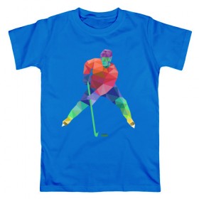 Мужская футболка хлопок с принтом Хоккеист в Новосибирске, 100% хлопок | прямой крой, круглый вырез горловины, длина до линии бедер, слегка спущенное плечо. | геометрия | клюшка | полигонал | хл | хоккеист | шайба