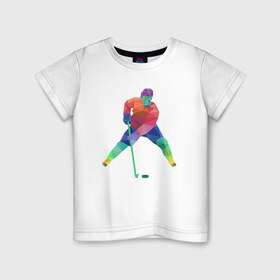 Детская футболка хлопок с принтом Хоккеист в Новосибирске, 100% хлопок | круглый вырез горловины, полуприлегающий силуэт, длина до линии бедер | геометрия | клюшка | полигонал | хл | хоккеист | шайба
