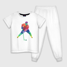 Детская пижама хлопок с принтом Хоккеист в Новосибирске, 100% хлопок |  брюки и футболка прямого кроя, без карманов, на брюках мягкая резинка на поясе и по низу штанин
 | геометрия | клюшка | полигонал | хл | хоккеист | шайба
