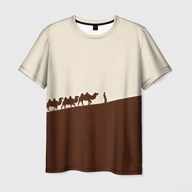 Мужская футболка 3D с принтом Пустыня в Новосибирске, 100% полиэфир | прямой крой, круглый вырез горловины, длина до линии бедер | верблюды | коричневый