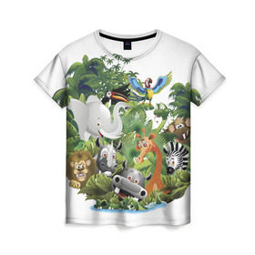 Женская футболка 3D с принтом Веселые джунгли в Новосибирске, 100% полиэфир ( синтетическое хлопкоподобное полотно) | прямой крой, круглый вырез горловины, длина до линии бедер | Тематика изображения на принте: животные | зоо | новинки | пальма | парк | яркие