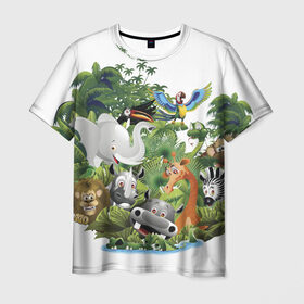 Мужская футболка 3D с принтом Веселые джунгли в Новосибирске, 100% полиэфир | прямой крой, круглый вырез горловины, длина до линии бедер | животные | зоо | новинки | пальма | парк | яркие