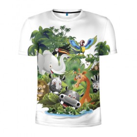Мужская футболка 3D спортивная с принтом Веселые джунгли в Новосибирске, 100% полиэстер с улучшенными характеристиками | приталенный силуэт, круглая горловина, широкие плечи, сужается к линии бедра | Тематика изображения на принте: животные | зоо | новинки | пальма | парк | яркие
