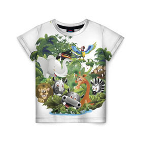 Детская футболка 3D с принтом Веселые джунгли в Новосибирске, 100% гипоаллергенный полиэфир | прямой крой, круглый вырез горловины, длина до линии бедер, чуть спущенное плечо, ткань немного тянется | Тематика изображения на принте: животные | зоо | новинки | пальма | парк | яркие
