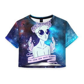 Женская футболка 3D укороченная с принтом cute alien в Новосибирске, 100% полиэстер | круглая горловина, длина футболки до линии талии, рукава с отворотами | alien. нло | cosmos | cute | sky | tmblr | tumbler | инопланетянин | космос | мило