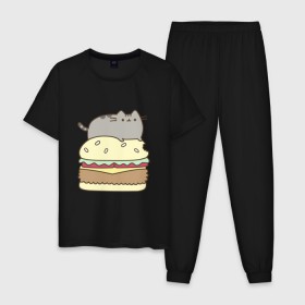 Мужская пижама хлопок с принтом Котик с бургером в Новосибирске, 100% хлопок | брюки и футболка прямого кроя, без карманов, на брюках мягкая резинка на поясе и по низу штанин
 | бургер | еда | животные | кот