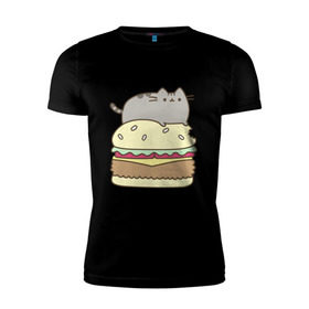 Мужская футболка премиум с принтом Котик с бургером в Новосибирске, 92% хлопок, 8% лайкра | приталенный силуэт, круглый вырез ворота, длина до линии бедра, короткий рукав | Тематика изображения на принте: бургер | еда | животные | кот