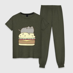 Женская пижама хлопок с принтом Котик с бургером в Новосибирске, 100% хлопок | брюки и футболка прямого кроя, без карманов, на брюках мягкая резинка на поясе и по низу штанин | бургер | еда | животные | кот