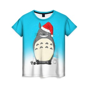 Женская футболка 3D с принтом Тоторо под снегом в Новосибирске, 100% полиэфир ( синтетическое хлопкоподобное полотно) | прямой крой, круглый вырез горловины, длина до линии бедер | totoro | аниме | новогодние аниме | новый год | рождественские аниме | тоторо