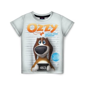 Детская футболка 3D с принтом Ozzy в Новосибирске, 100% гипоаллергенный полиэфир | прямой крой, круглый вырез горловины, длина до линии бедер, чуть спущенное плечо, ткань немного тянется | Тематика изображения на принте: dog | fast furry | бигль | большой собачий побег | мартин | мультфильм | оззи | побег | свободу разношерстным | собака