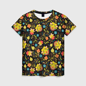 Женская футболка 3D с принтом Хохлома в Новосибирске, 100% полиэфир ( синтетическое хлопкоподобное полотно) | прямой крой, круглый вырез горловины, длина до линии бедер | Тематика изображения на принте: голубые | девушкам | желтые | красные | цветы