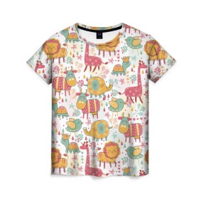 Женская футболка 3D с принтом Детские рисунки в Новосибирске, 100% полиэфир ( синтетическое хлопкоподобное полотно) | прямой крой, круглый вырез горловины, длина до линии бедер | Тематика изображения на принте: дети | животные | жираф | лев | птица | рисунок | слон | фауна | черепаха