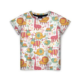 Детская футболка 3D с принтом Детские рисунки в Новосибирске, 100% гипоаллергенный полиэфир | прямой крой, круглый вырез горловины, длина до линии бедер, чуть спущенное плечо, ткань немного тянется | дети | животные | жираф | лев | птица | рисунок | слон | фауна | черепаха