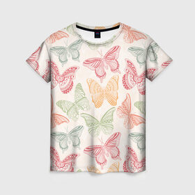 Женская футболка 3D с принтом Узор из бабочек в Новосибирске, 100% полиэфир ( синтетическое хлопкоподобное полотно) | прямой крой, круглый вырез горловины, длина до линии бедер | акварель | бабочка | весна | мозаика | насекомые | рисунок | трайбл | узор | этно