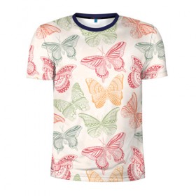 Мужская футболка 3D спортивная с принтом Узор из бабочек в Новосибирске, 100% полиэстер с улучшенными характеристиками | приталенный силуэт, круглая горловина, широкие плечи, сужается к линии бедра | акварель | бабочка | весна | мозаика | насекомые | рисунок | трайбл | узор | этно