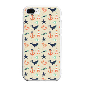 Чехол для iPhone 7Plus/8 Plus матовый с принтом Морской узор в Новосибирске, Силикон | Область печати: задняя сторона чехла, без боковых панелей | буй | вода | звезда | кит | коралл | маяк | мозаика | море | океан | песок | ракушка | узор | якорь