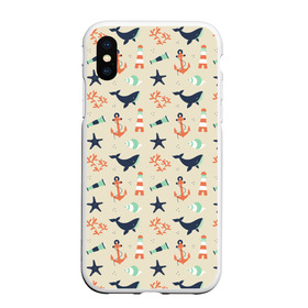 Чехол для iPhone XS Max матовый с принтом Морской узор в Новосибирске, Силикон | Область печати: задняя сторона чехла, без боковых панелей | буй | вода | звезда | кит | коралл | маяк | мозаика | море | океан | песок | ракушка | узор | якорь