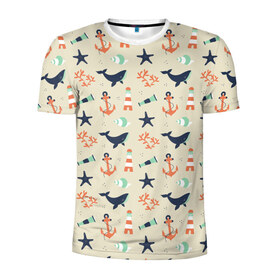 Мужская футболка 3D спортивная с принтом Морской узор в Новосибирске, 100% полиэстер с улучшенными характеристиками | приталенный силуэт, круглая горловина, широкие плечи, сужается к линии бедра | буй | вода | звезда | кит | коралл | маяк | мозаика | море | океан | песок | ракушка | узор | якорь