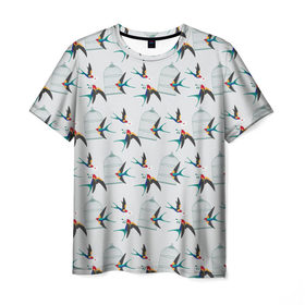 Мужская футболка 3D с принтом Ласточки в Новосибирске, 100% полиэфир | прямой крой, круглый вырез горловины, длина до линии бедер | весна | клетка | ласточка | мозаика | письмо | птица | узор