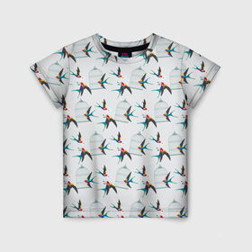 Детская футболка 3D с принтом Ласточки в Новосибирске, 100% гипоаллергенный полиэфир | прямой крой, круглый вырез горловины, длина до линии бедер, чуть спущенное плечо, ткань немного тянется | весна | клетка | ласточка | мозаика | письмо | птица | узор