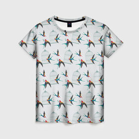 Женская футболка 3D с принтом Ласточки в Новосибирске, 100% полиэфир ( синтетическое хлопкоподобное полотно) | прямой крой, круглый вырез горловины, длина до линии бедер | весна | клетка | ласточка | мозаика | письмо | птица | узор