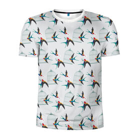 Мужская футболка 3D спортивная с принтом Ласточки в Новосибирске, 100% полиэстер с улучшенными характеристиками | приталенный силуэт, круглая горловина, широкие плечи, сужается к линии бедра | весна | клетка | ласточка | мозаика | письмо | птица | узор