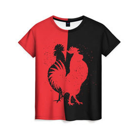 Женская футболка 3D с принтом черное и красное в Новосибирске, 100% полиэфир ( синтетическое хлопкоподобное полотно) | прямой крой, круглый вырез горловины, длина до линии бедер | 2017 | new year | год | новогодний | новый | огненный | петух | петушок | с новым годом