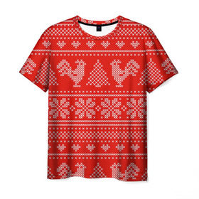 Мужская футболка 3D с принтом Вязанный свитер с петухами в Новосибирске, 100% полиэфир | прямой крой, круглый вырез горловины, длина до линии бедер | 2017 | new year | год | новогодний | новый | огненный | петух | петушок | с новым годом