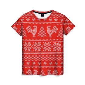 Женская футболка 3D с принтом Вязанный свитер с петухами в Новосибирске, 100% полиэфир ( синтетическое хлопкоподобное полотно) | прямой крой, круглый вырез горловины, длина до линии бедер | 2017 | new year | год | новогодний | новый | огненный | петух | петушок | с новым годом