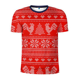 Мужская футболка 3D спортивная с принтом Вязанный свитер с петухами в Новосибирске, 100% полиэстер с улучшенными характеристиками | приталенный силуэт, круглая горловина, широкие плечи, сужается к линии бедра | 2017 | new year | год | новогодний | новый | огненный | петух | петушок | с новым годом