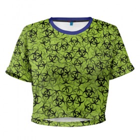 Женская футболка 3D укороченная с принтом Биологическая опасность в Новосибирске, 100% полиэстер | круглая горловина, длина футболки до линии талии, рукава с отворотами | biohazard | бактерия | биология | вирус | желтый | зеленый | зомби | инфекция | текстура | токсичность