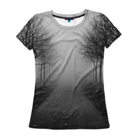 Женская футболка 3D с принтом Тропинка в Новосибирске, 100% полиэфир ( синтетическое хлопкоподобное полотно) | прямой крой, круглый вырез горловины, длина до линии бедер | деревья | дорожка | природа | тропинка | туман