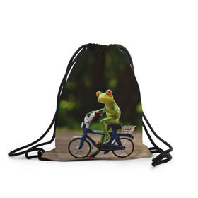 Рюкзак-мешок 3D с принтом Лягушка в Новосибирске, 100% полиэстер | плотность ткани — 200 г/м2, размер — 35 х 45 см; лямки — толстые шнурки, застежка на шнуровке, без карманов и подкладки | велосипед | жаба | животные | лягушка | мини | фигурка