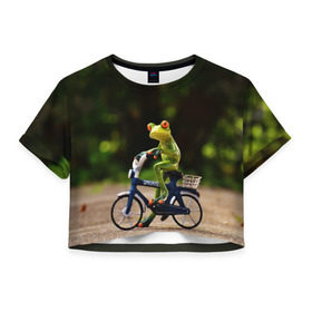 Женская футболка 3D укороченная с принтом Лягушка в Новосибирске, 100% полиэстер | круглая горловина, длина футболки до линии талии, рукава с отворотами | велосипед | жаба | животные | лягушка | мини | фигурка