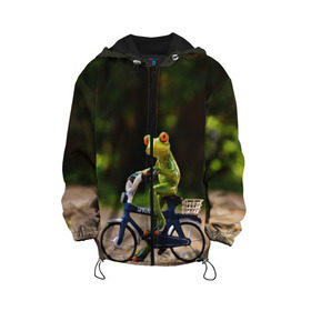Детская куртка 3D с принтом Лягушка в Новосибирске, 100% полиэстер | застежка — молния, подол и капюшон оформлены резинкой с фиксаторами, по бокам — два кармана без застежек, один потайной карман на груди, плотность верхнего слоя — 90 г/м2; плотность флисового подклада — 260 г/м2 | велосипед | жаба | животные | лягушка | мини | фигурка
