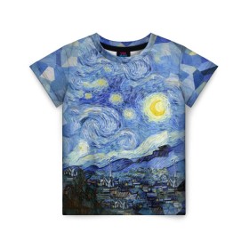 Детская футболка 3D с принтом Звездная ночь в Новосибирске, 100% гипоаллергенный полиэфир | прямой крой, круглый вырез горловины, длина до линии бедер, чуть спущенное плечо, ткань немного тянется | starry night | ван гог | город | звезды | импрессионизм | луна | ночь | художник