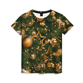Женская футболка 3D с принтом Праздничные шары в Новосибирске, 100% полиэфир ( синтетическое хлопкоподобное полотно) | прямой крой, круглый вырез горловины, длина до линии бедер | елка | елочные | звезды | золото | игрушки | хвоя | шары
