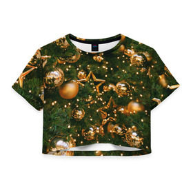 Женская футболка 3D укороченная с принтом Праздничные шары в Новосибирске, 100% полиэстер | круглая горловина, длина футболки до линии талии, рукава с отворотами | елка | елочные | звезды | золото | игрушки | хвоя | шары
