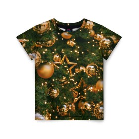 Детская футболка 3D с принтом Праздничные шары в Новосибирске, 100% гипоаллергенный полиэфир | прямой крой, круглый вырез горловины, длина до линии бедер, чуть спущенное плечо, ткань немного тянется | елка | елочные | звезды | золото | игрушки | хвоя | шары