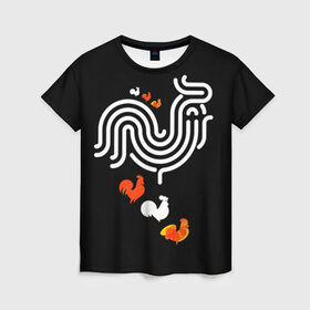 Женская футболка 3D с принтом Петух. Символ 2017 года 9 в Новосибирске, 100% полиэфир ( синтетическое хлопкоподобное полотно) | прямой крой, круглый вырез горловины, длина до линии бедер | 2017 | new year | год | новогодний | новый | огненный | петух | петушок