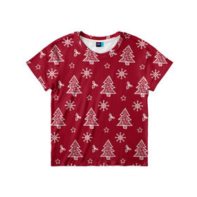 Детская футболка 3D с принтом Новогодний узор в Новосибирске, 100% гипоаллергенный полиэфир | прямой крой, круглый вырез горловины, длина до линии бедер, чуть спущенное плечо, ткань немного тянется | ангел | ёлка | ель | зима | колокольчик | нг | новый год | олень | рождество | санта | снег