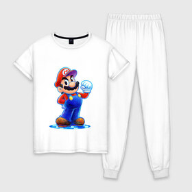 Женская пижама хлопок с принтом Mario в Новосибирске, 100% хлопок | брюки и футболка прямого кроя, без карманов, на брюках мягкая резинка на поясе и по низу штанин | nintendo | марио | нинтендо