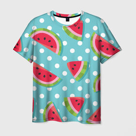 Мужская футболка 3D с принтом Арбузный рай в Новосибирске, 100% полиэфир | прямой крой, круглый вырез горловины, длина до линии бедер | berry | eat | fruit | pattern | sweet | watermelon | арбуз | еда | сладость | узор | фрукт | ягода