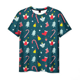 Мужская футболка 3D с принтом Новогодний узор в Новосибирске, 100% полиэфир | прямой крой, круглый вырез горловины, длина до линии бедер | ангел | ёлка | ель | зима | колокольчик | нг | новый год | олень | рождество | санта | снег